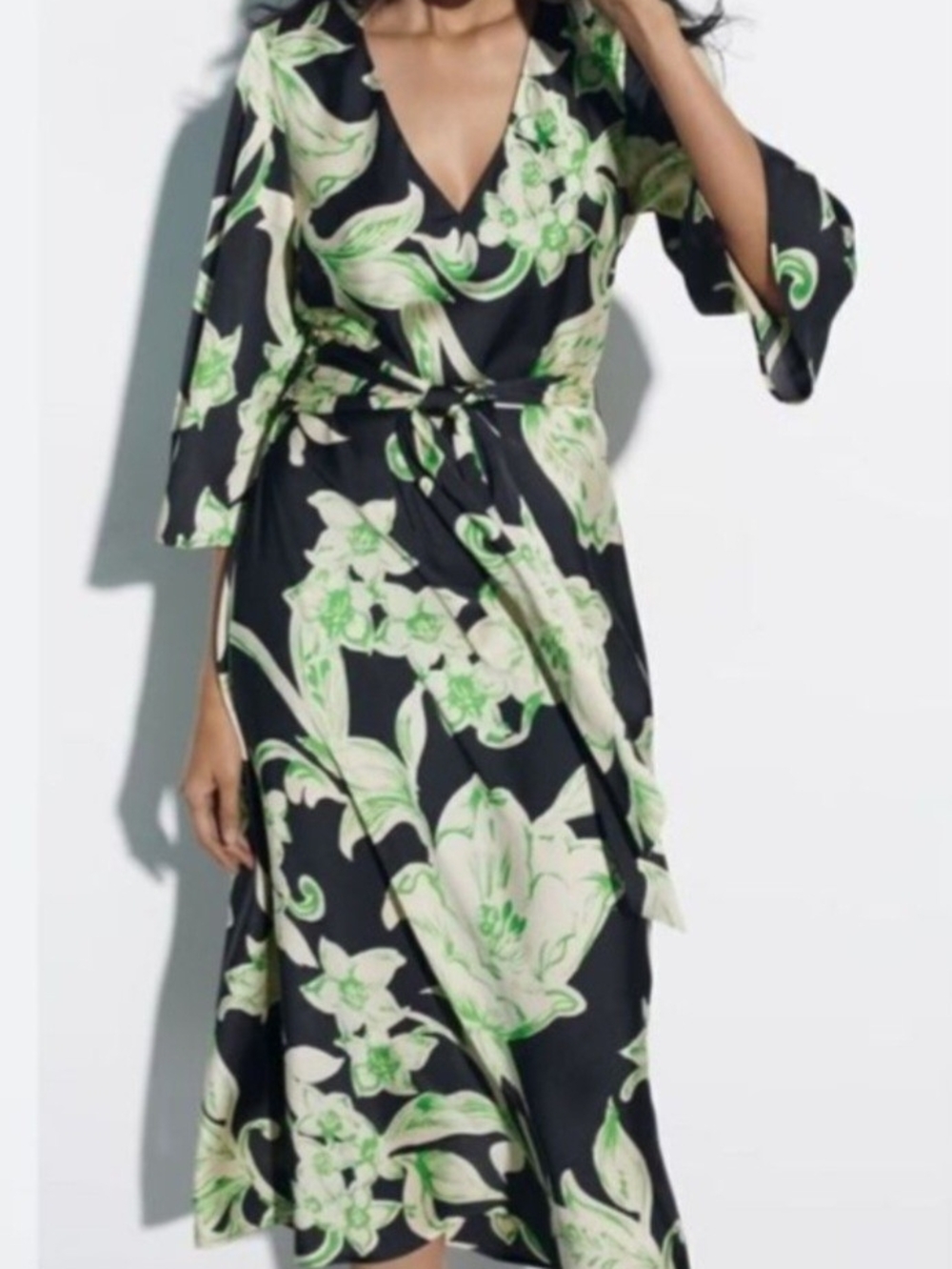 Zara Black Midi Dress with Green Floral Print